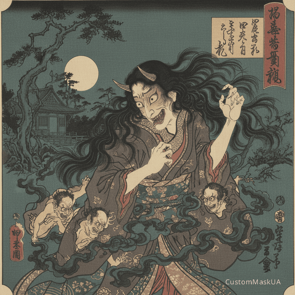 Японська гравюра Укійо-е: жінка перетворюється на демона ревнощів Хання