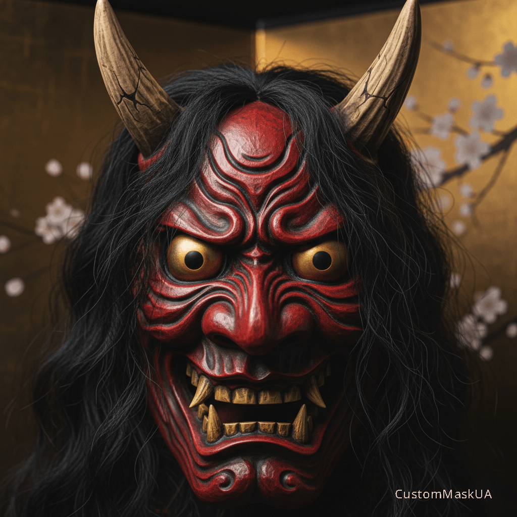 Детальний дизайн маски Хання: роги, очі та ікла демона