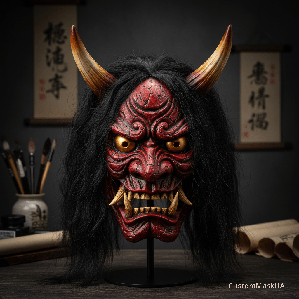 Велика маска Оні ручної роботи з двома рогами та іклами, колекційний арт-об'єкт.