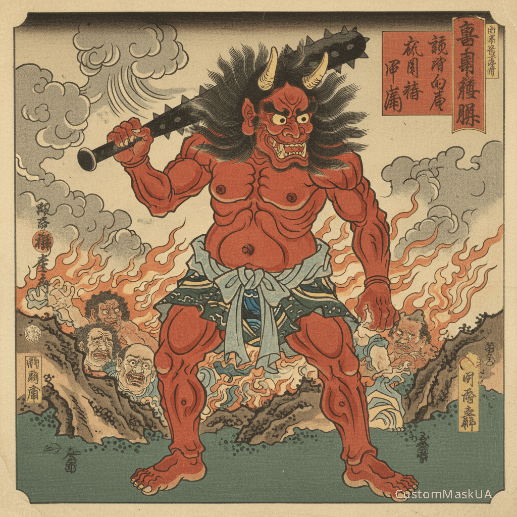 Стародавня ілюстрація Оні як стража Пекла (Дзігоку), що тримає традиційну залізну дубину (тецубо).