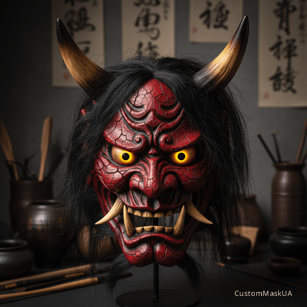 Крупний план маски Оні з червоною текстурою шкіри, різьбленими рогами та відкритим ротом із жовтими іклами.
