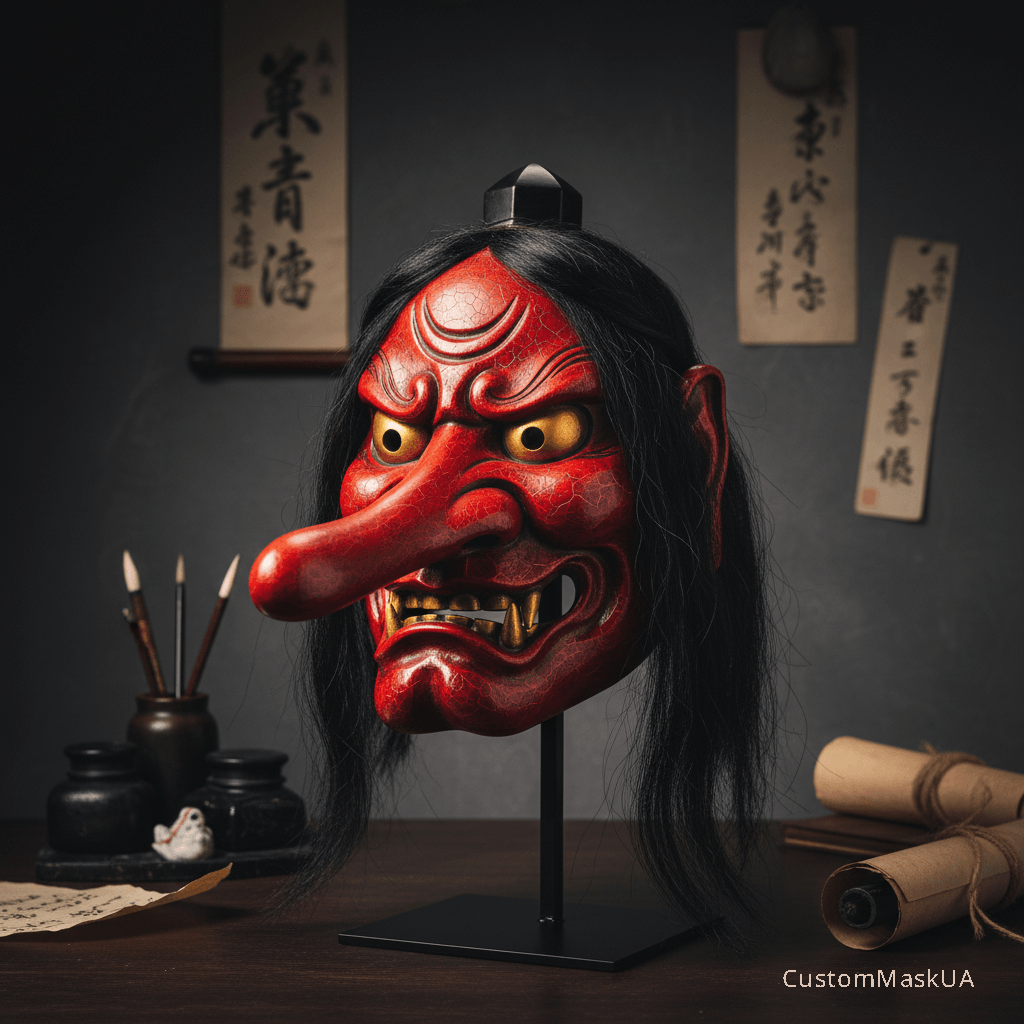 Класична червона маска Дайтэнгу з довгим носом та головним убором Токін, виконана у стилі театру Но.