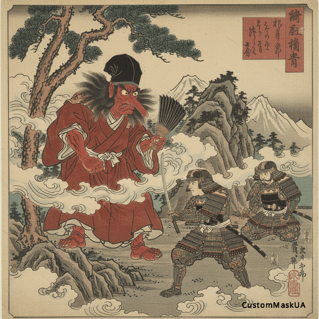Старовинна японська гравюра, де Тенгу навчає Мінамото но Йосіцуне фехтуванню на горі.