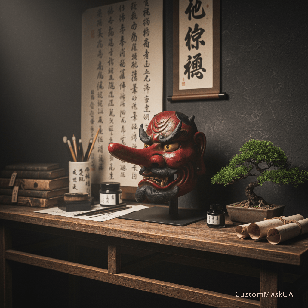 Колекційна маска Тенгу в сучасному оформленні, що висить на стіні як оберіг та декоративний елемент.