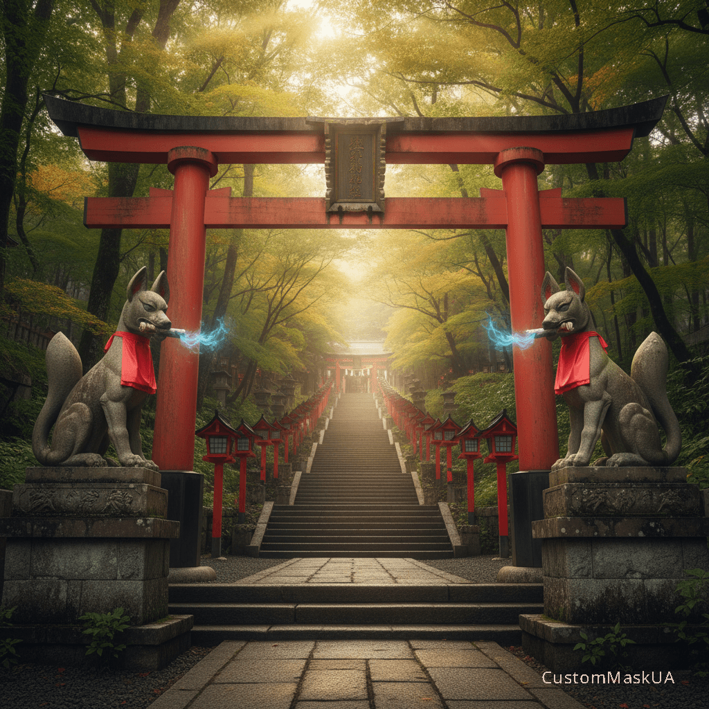 Статуї Кіцуне, вісників богині Інарі, біля входу до традиційного японського святилища