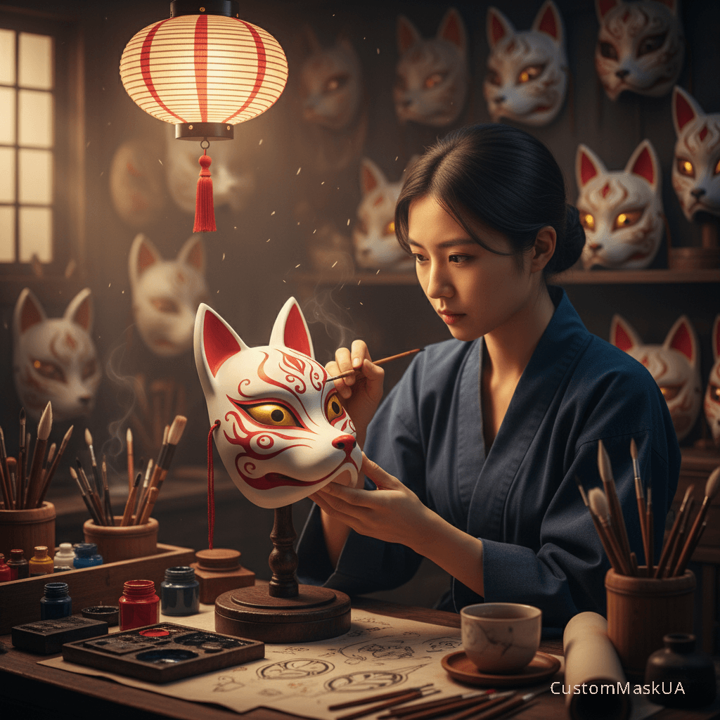 Крупний план розпису маски Кіцуне