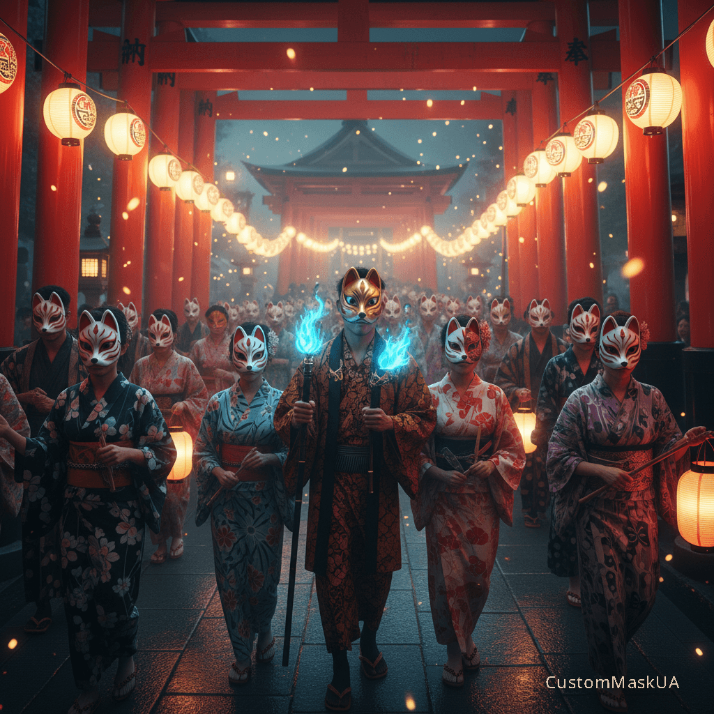 Учасники японського фестивалю Мацурі в масках Кіцуне