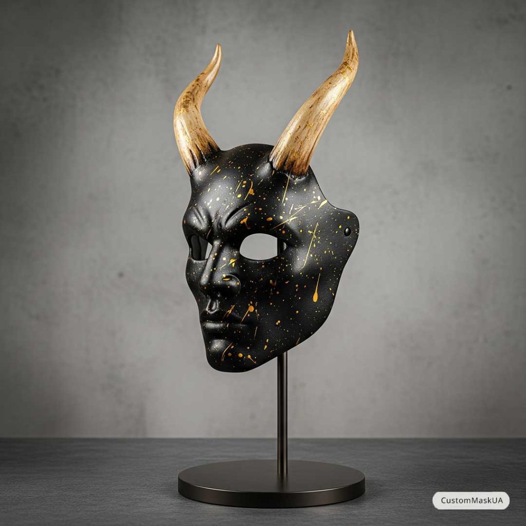 Black Onyx Oni: Minimalist Demon Mask with Gold Splatter Concept by CustomMaskUA - mini