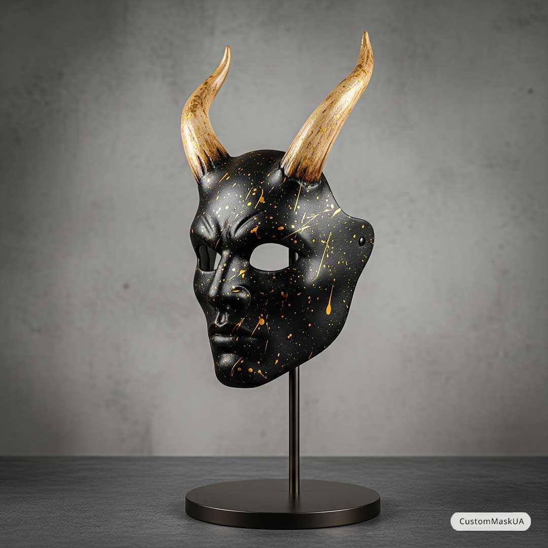 Black Onyx Oni: Minimalist Demon Mask with Gold Splatter Concept by CustomMaskUA - mini